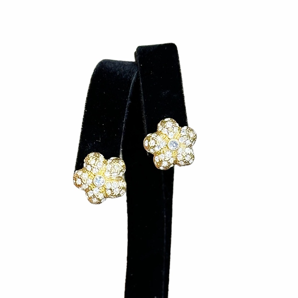 Y2K Vintage Rhinestone Flower Power Puffy Gold Tone Pierced Stud Earrings